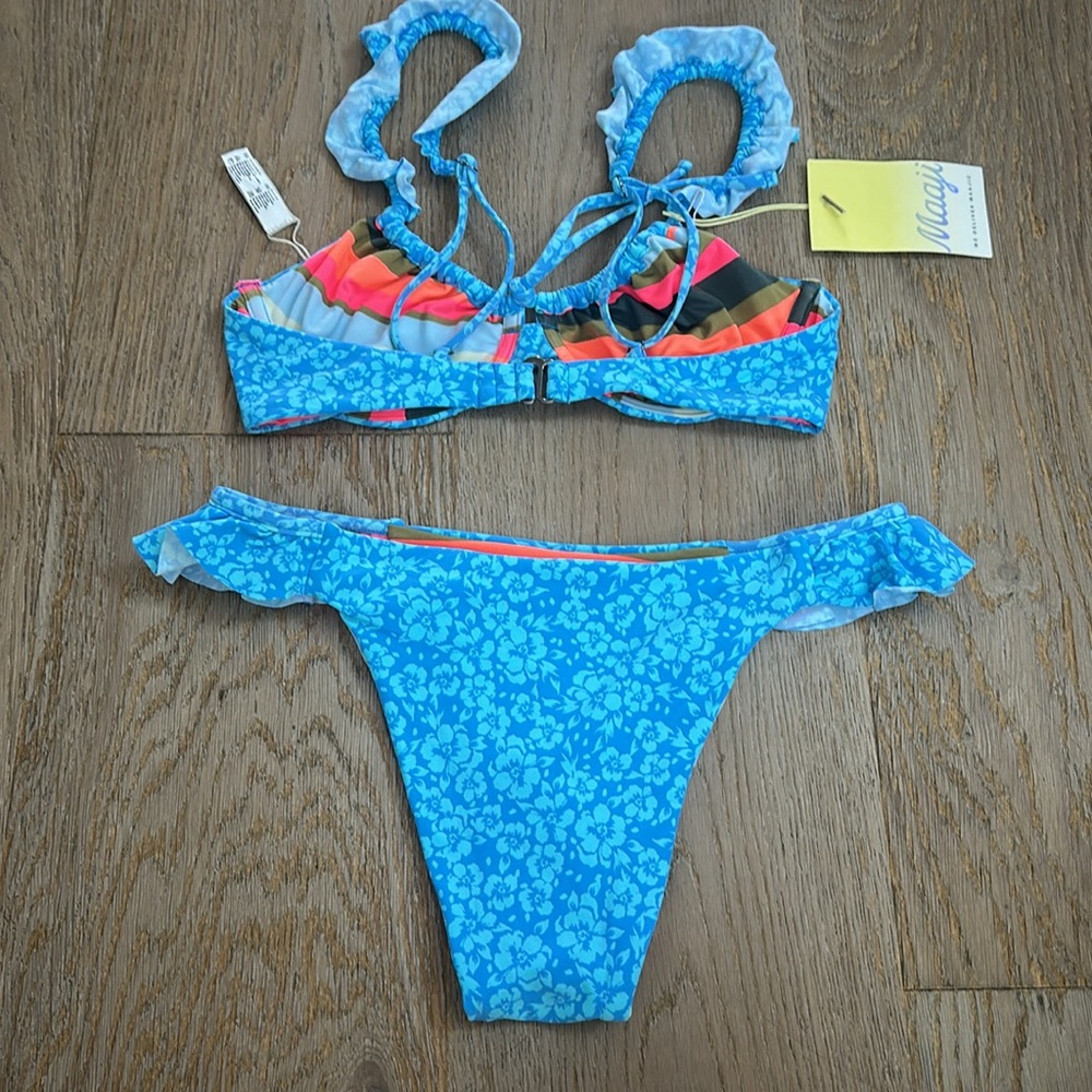 Maaji Blue Floral/ Colorful Striped Reversible Bikini Set - Picture 2 of 7